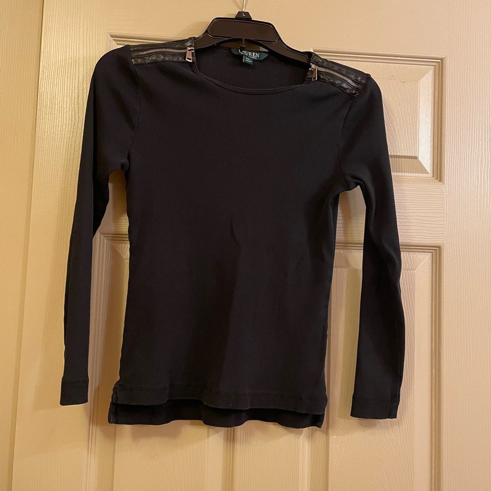 Lauren Ralph Lauren‎ Black Ribbed Long Sleeve Top with Zip Shoulders, Size MP